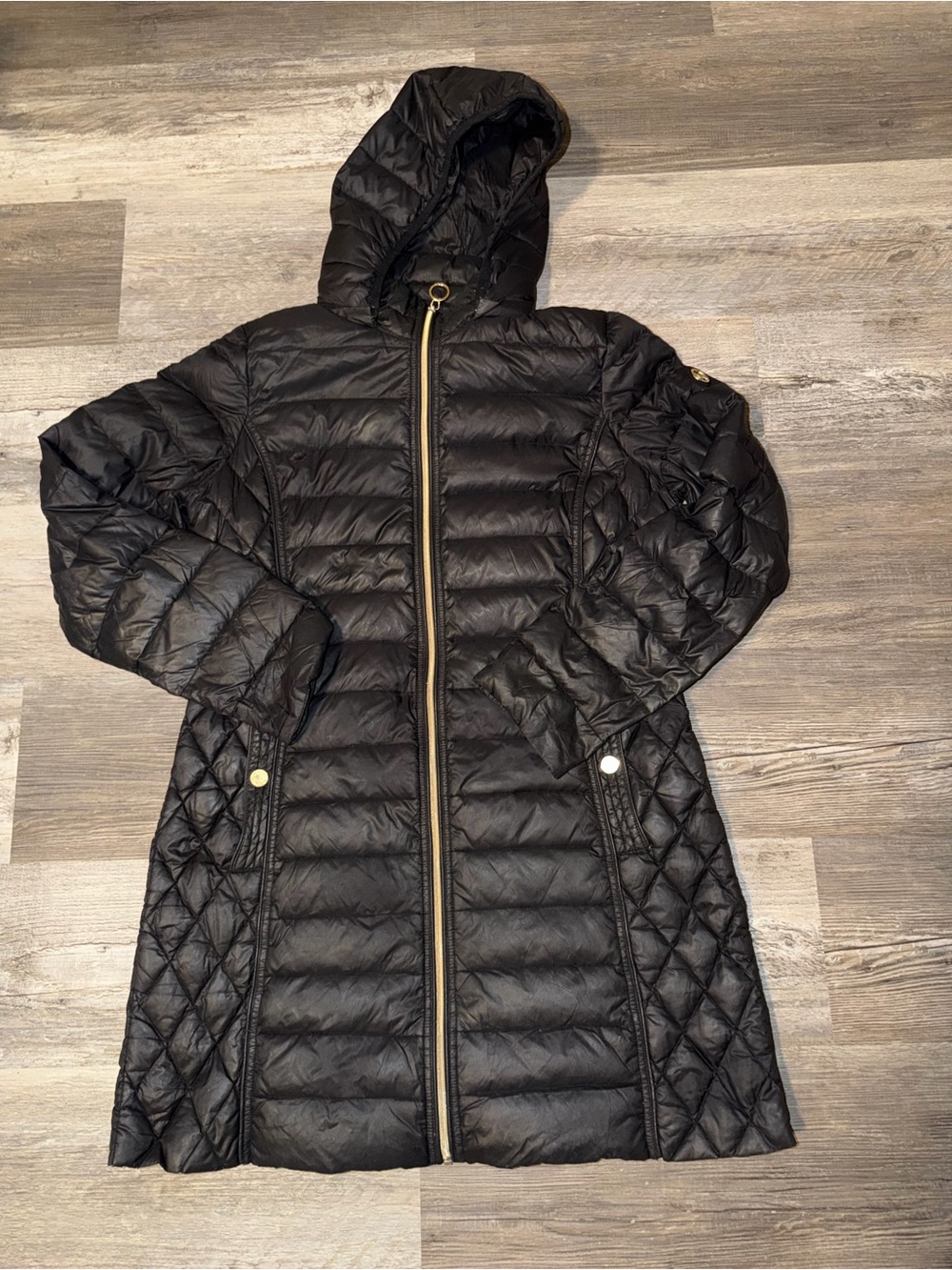 Michael Kors Women’s Medium Packable Down Puffer Coat Black Hooded Long Jacket